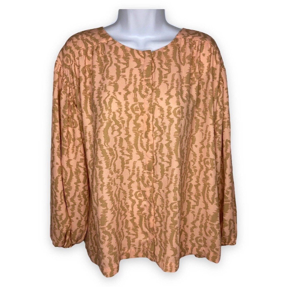 Elizabeth and James Womens XL Animal Print Blouse Pink Tan Balloon Sleeve Button